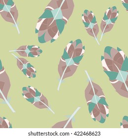 Plumelets pattern in green colors. Black and white beautiful hand-drawn feather on seamless background. Vector illustration.