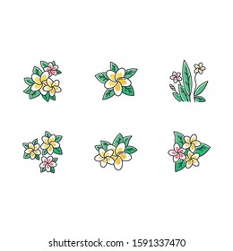 Plumeria color icons set. Exotic region flowers. Flora of Indonesian islands. Small tropical plants. Blossom of frangipani with leaves. Nature of Bali. Isolated vector illustrations