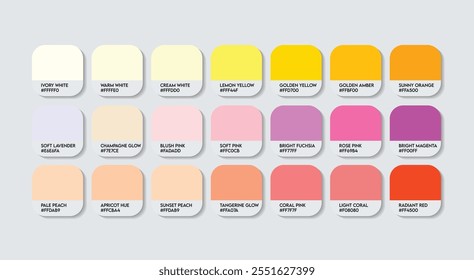 Plumeria Flower Color Palette, Plumeria Flower Color Guide Palette with Color Names. Catalog Samples of Plumeria colors with RGB HEX codes. sweet pastel pink tones. Fashion Trend Pink color tones