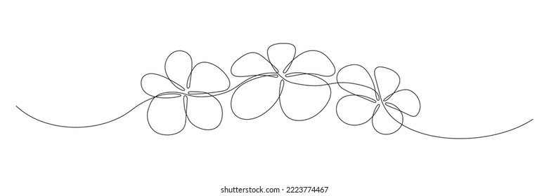 Plumeria blüht durchgehende 1-zeilige Zeichnung. Frangipani lineare Blüte. Vektorgrafik einzeln auf Weiß.