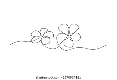 Plumeria flower continuous one line drawing. Frangipani linear blossom. One continuous line drawing of Plumeria flower. Frangipani blossom with petals for floral tattoo in simple linear style.