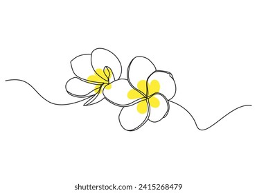 Plumeria flowers in continuous one  line art drawing. Frangipani blossom. Vector illustration isolated on white.
