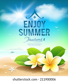 Plumeria flowers, enjoy summer greeting card on beach Thailand, shells, sea background. Vector illustration