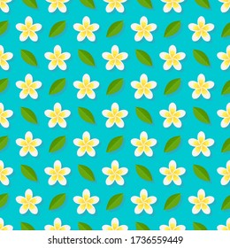 Plumeria flowers on blue background seamless pattern