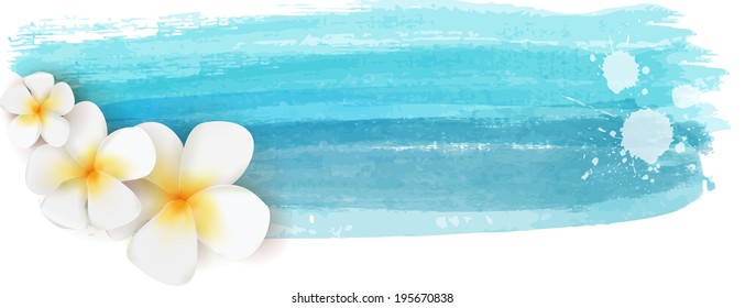 Plumeria flowers on blue watercolor imitation banner - summer illustration