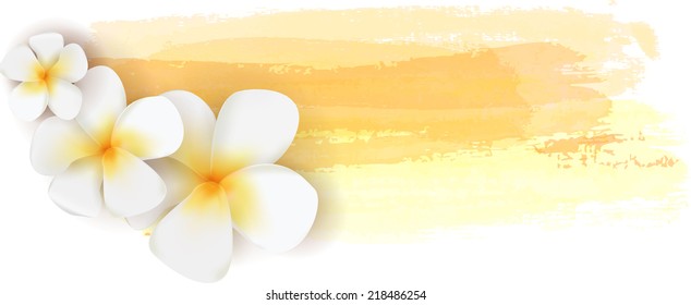 Plumeria flowers on orange watercolor imitation banner - summer illustration