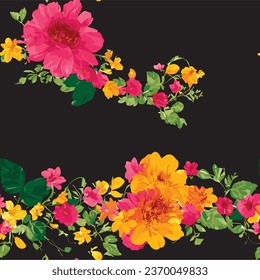 Plumeria flowers seamless pattern. Isolated colorful flowers with leaves on a blue background