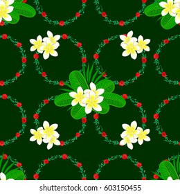 Plumeria flowers seamless pattern on a green background. Cute vector floral background.