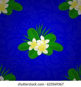 Plumeria flowers seamless pattern on a blue background. Cute vector floral background.