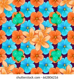 Plumeria flowers seamless pattern on a purple background. Cute vector floral background.