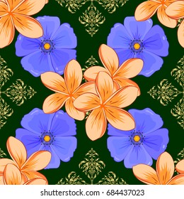 Plumeria flowers seamless pattern on a green background. Cute vector floral background.