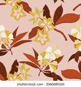Flores plumerias sin costura. Diseño de superficie para tela, papel pintado, papel envolvente, tarjetas de invitación, scrapbooking. rosa claro, desnudo, crema, color neutro.