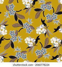 Plumeria flowers seamless pattern. Surface design for fabric, wallpaper, wrapping paper, invitation cards, scrapbooking. Yellow, gold, ochre, brown, white, light blue.