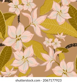 Flores plumerias sin costura. Diseño de superficie para tela, papel pintado, papel envolvente, tarjetas de invitación, scrapbooking. Rosa pálido, desnudo, beige neutro, color crema.