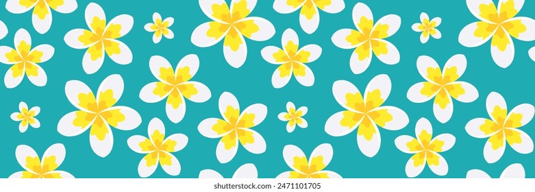 Plumeria Flowers seamless pattern. Turquoise background with Golden Frangipani. Hawaiian frangipani with white and yellow petals. for textile design, packaging, wallpaper. Vector flat illustration.