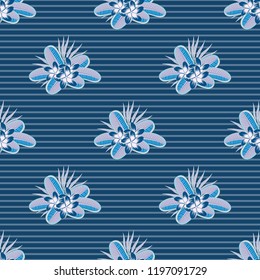 Plumeria flowers seamless pattern in white, blue and gray colors. Cute vector floral background.