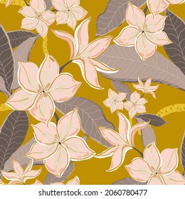Plumeria flowers seamless vector pattern. Surface design for fabric, wallpaper, wrapping paper, invitation cards, scrapbooking. Yellow, gold, beige, cream, neutral color.