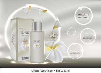 Plumeria or frangipani flower on skincare ad. Cosmetic container and mockup box design with advertising background ready to use. Illustration vector