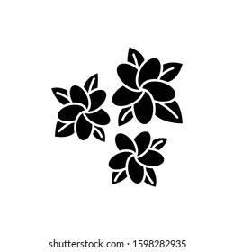 Plumeria glyph icon. Three exotic region flowers. Flora of Indonesian jungles. Small tropical plants. Blossom of frangipani with leaves. Silhouette symbol. Negative space. Vector isolated illustration