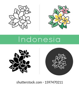 Plumeria icon. Exotic region flowers. Nature of Indonesian jungles. Small tropical plants. Blossom of frangipani with leaves. Linear, black, chalk and color styles. Isolated vector illustrations