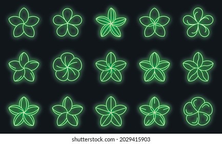 Plumeria icons set. Outline set of plumeria vector icons neon color on black