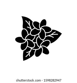 Plumeria inflorescence glyph icon. Exotic region flowers. Flora of Indonesian jungles. Small tropical plants. Blossom of frangipani. Silhouette symbol. Negative space. Vector isolated illustration
