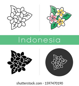 Plumeria inflorescence icon. Exotic region flowers. Flora of Indonesian jungles. Small tropical plants. Blossom of frangipani. Linear, black, chalk and color styles. Isolated vector illustrations