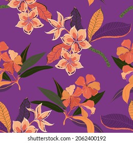 Plumeria and oleander flowers seamless vector pattern. Surface design for fabric, wallpaper, wrapping paper, invitation cards, scrapbooking. Saturated violet, purple, red, lilac color.