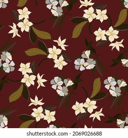 Plumeria and oleander flowers seamless vector pattern. Surface design for fabric, wallpaper, wrapping paper, invitation cards, scrapbooking. Dark burgundy,  brown and white color.