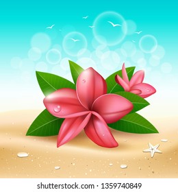 Plumeria pink flower and leaf vector on sand and sea blue background design, illustration