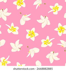 Plumeria seamless pattern. Vector cute tropical Hawaiian flower print on pink background. Summer flat texture for wrapping, fabric, beach party decor, textile, fashion.