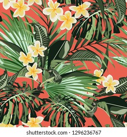 Plumeria tropical exotic flower seamless pattern. Realistic floral illustration with palms monster leaves. Orange background.