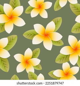 Plumeria tropical. Seamless cute pattern with exotic flowers and leaves on a green background. Modern trendy floral design. Vector.