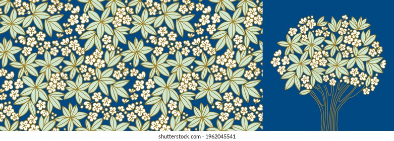 Plumeria White flowers on night blue seamless pattern for background, fabric, textile, wrap, surface, web and print design. Tropical foliage and floral vector tile rapport.