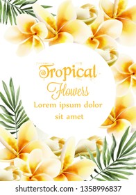 Plumeria yellow flowers Vector watercolor. Summer time paradise card. Wedding ceremony invitation. Exotic festival backgrounds