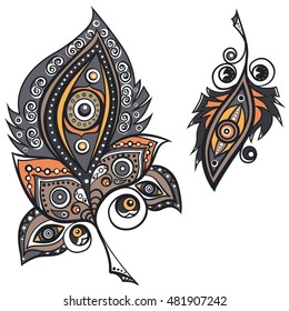 Plumes with ornament decor. Elements for design. Vector graphic.