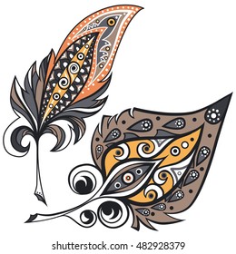 Plumes with ornament decor. Elements for design. Vector graphic.