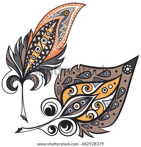Plumes with ornament decor. Elements for design. Vector graphic.