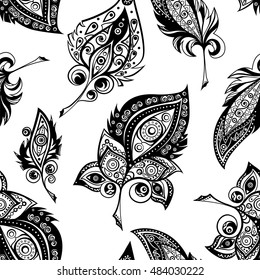 Plumes with ornament decor. Vector seamless pattern.