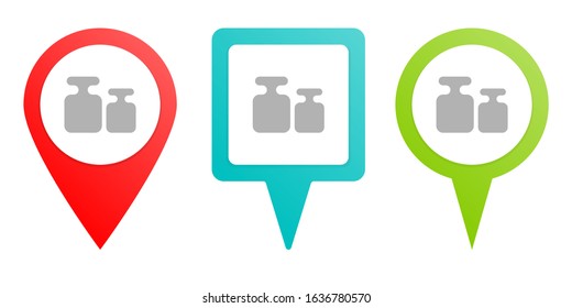 plummet, scales, weight. Multicolor pin vector icon, diferent type map and navigation point.