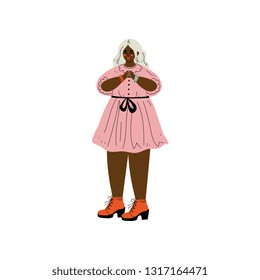 Plump African American Woman With Blond Hair, Female Character Loving Her Body, Self Acceptance, Beauty Diversity, Body Positive Vector Illustration