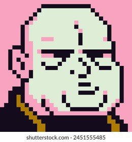 Plump bald man avatar pixel art character, cartoon, game user or web profile person, people, social net portrait, strange guy face, minimalistic vector illustration.
