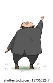 Plump Bald Man Reaches His Hand Up. Back View