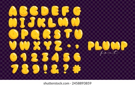 Plump balloon font design, rounded thick alphabet letters and numbers vector illustration. Yellow cute isolated English abc elements.
