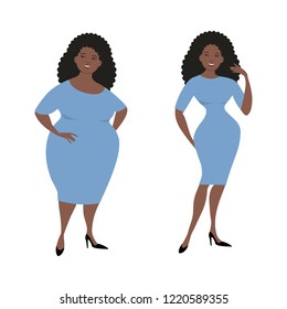 Plump black woman in a blue dress isolated on a white background and the same woman after losing weight. Vector illustration.