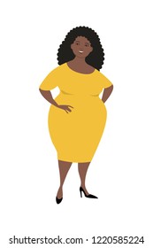 Plump black woman in yellow dress isolated on a white background. Vector illustration.