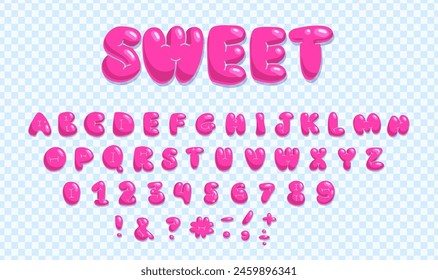 Plump bubble set of pink letters and numbers from 0 to 9 in Y2K trendy style. Flat 3D, bubble gum balloon font. Rounded digits and letters, punctuation marks. Childish vector hand drawn illustration.