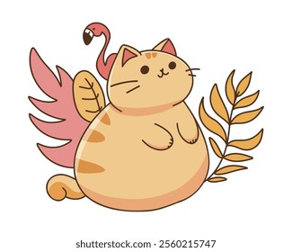 Plump Cartoon Cat with Flamingo Wings and Leaves for a Whimsical and Exotic Garden Theme Illustration. Vector illustration