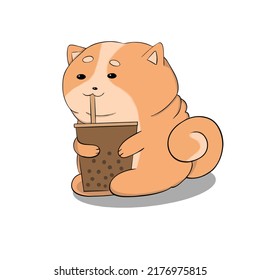 A plump cat sits and drinks soda from a glass