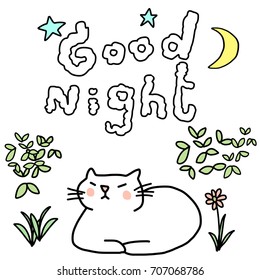 Plump cat sleeping among floral and leaves with clouds forming to wording - Good night. Moon and stars on the sky included. Vector illustration with hand-drawn style.